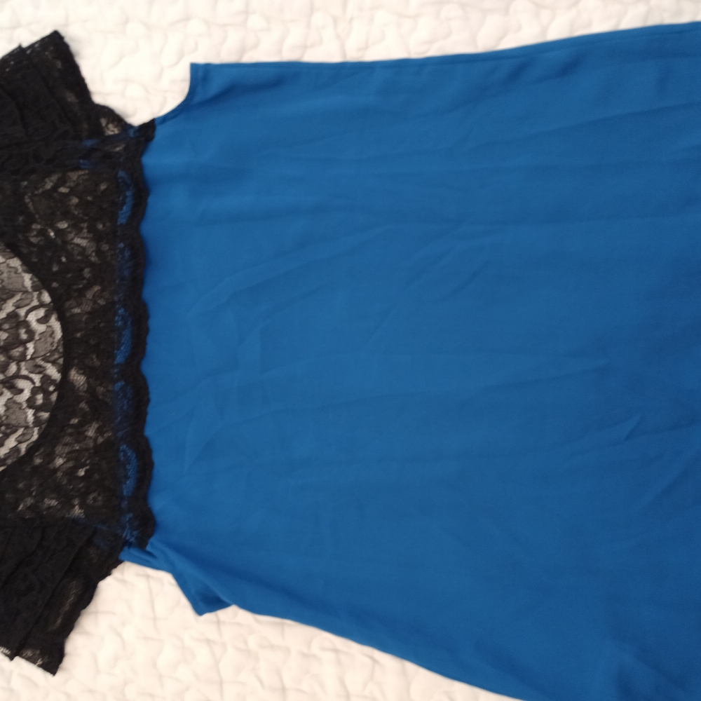 Elegant Blue Dress with Black Lace Detail